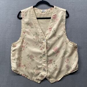 Vtg 80s 90s Cottagecore Fairycore Romantic Boho Chic Floral Vest Womens L/XL Tan